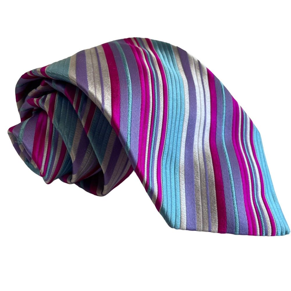 Duchamp London Silk Necktie Pink Purple White Blue Striped NWT $130